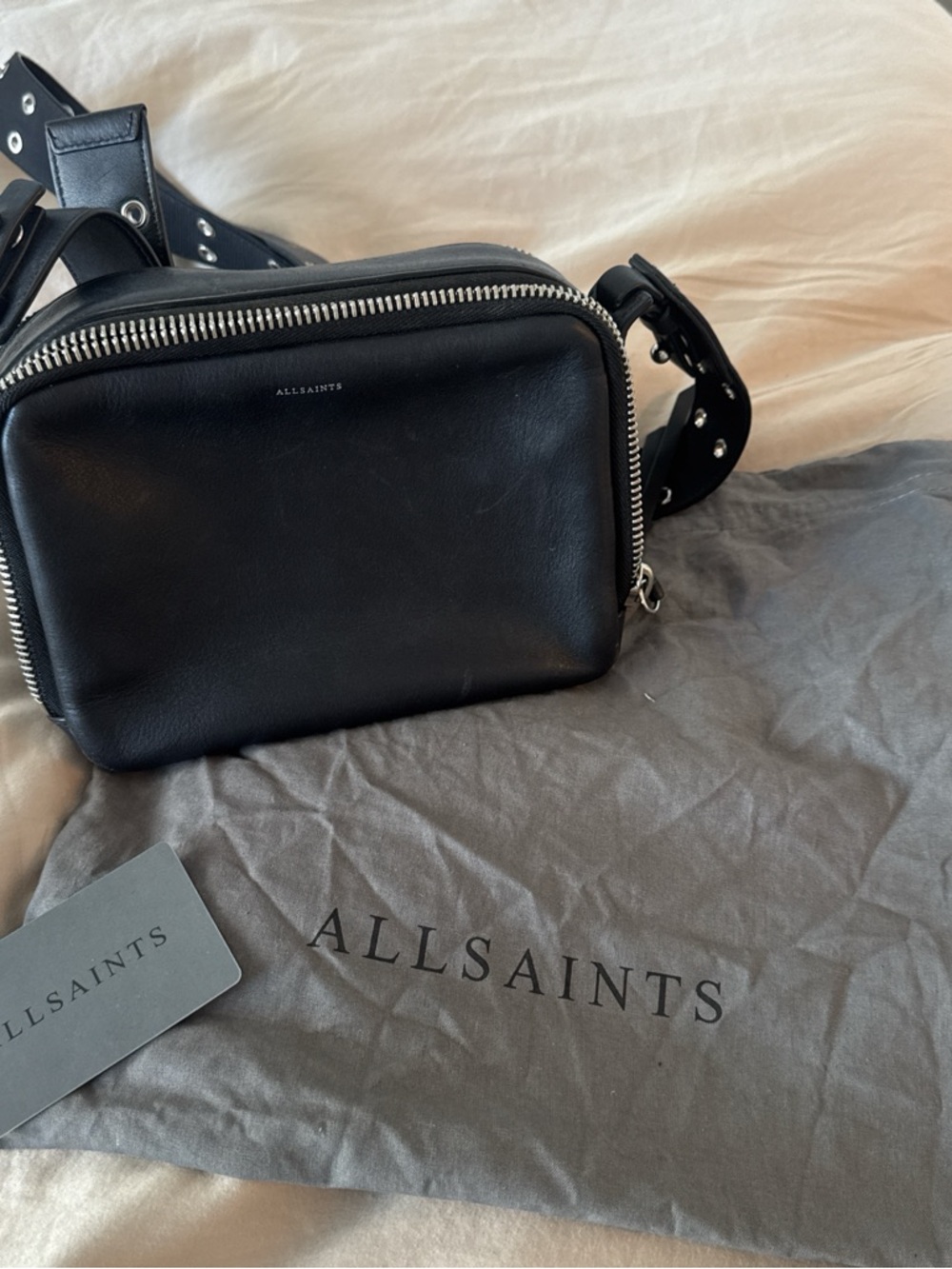 AllSaints Black Leather Studded Strap Belt Bag